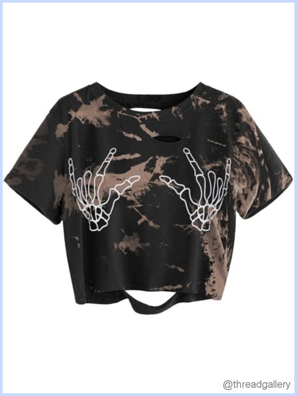 Women Distressed Ripped Crop Top Skull Finger Graphic Short Sleeve Tee